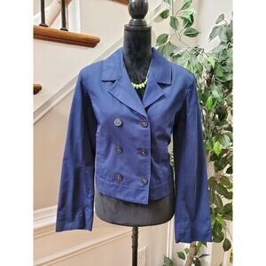 Isaac Mizrahi Women's Blue Cotton Double Breasted Long Sleeve Jacket Blazer 12